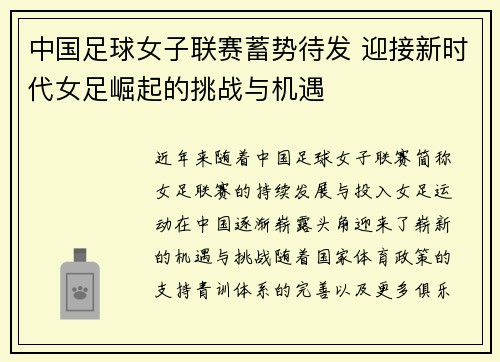 中国足球女子联赛蓄势待发 迎接新时代女足崛起的挑战与机遇