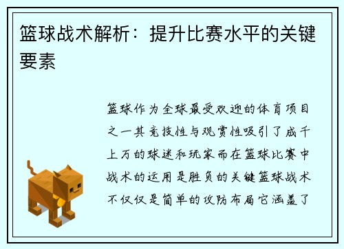 篮球战术解析:提升比赛水平的关键要素